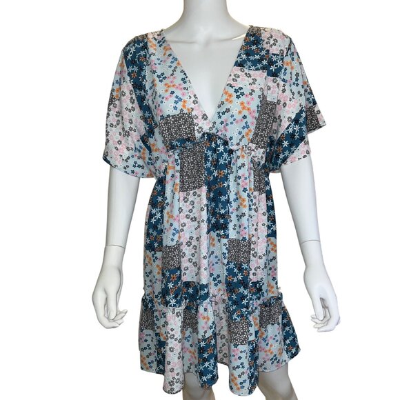 Umgee Womens Patchwork Floral V-Neck Dress With Ruffle Hem In Multicolor Size L - Picture 1 of 6